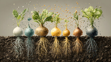 Cross-section of soil showing plant roots absorbing nutrients, illustrating fertilization, soil health, sustainable agriculture, and crop growth.