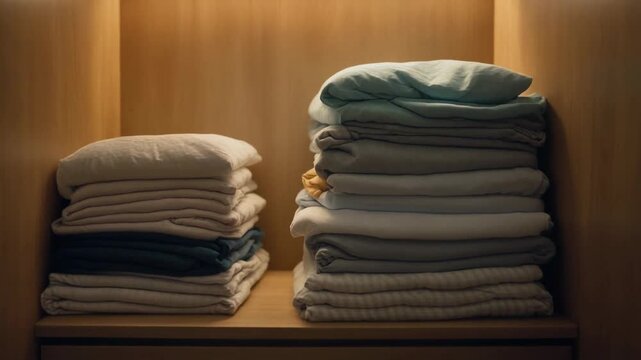 Stacks of neatly folded clothes on a wooden shelf in a serene closet setting viewed from the front