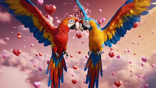 Colorful Macaws Amidst Floating Hearts - A pair of vibrant macaws, one red and the other blue and yellow, perch closely together in a dreamy sky filled with floating hearts.