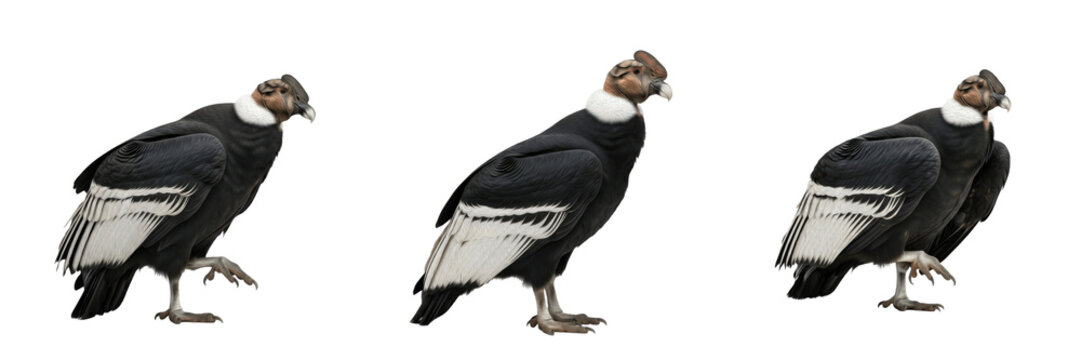 Side view of an Andean Condor (Vultur gryphus) with black plumage and white neck ruff isolated on white background