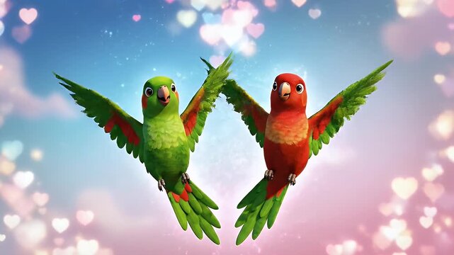 Animated Parrot Pair in Love - This video shows two animated parrots, one green and one red, facing each other against a background of blurred heart shapes.