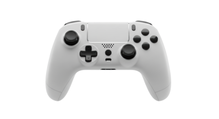 matte white minimalist wireless game controller floating, macro close-up on textured rubberized grips against transparent background, concept for modern gaming technology