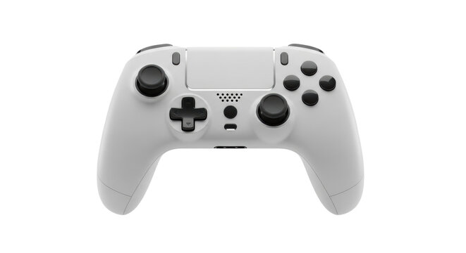 matte white minimalist wireless game controller floating, macro close-up on textured rubberized grips against transparent background, concept for modern gaming technology - Powered by Adobe