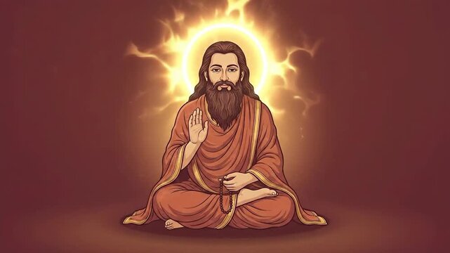 Guru ravidas, seated in ochre robes, is depicted in a warm, spiritual illustration with a glowing aura against a reddish background, commemorating ravidas jayanti.