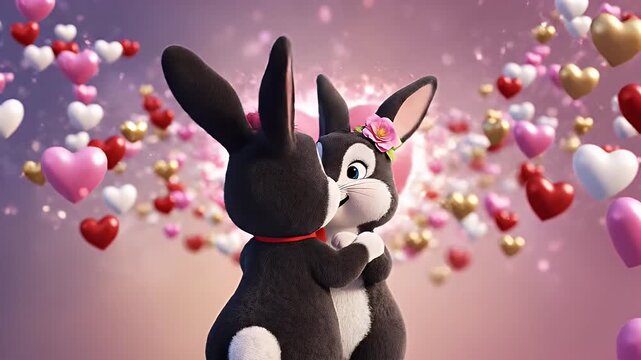 Cartoon Rabbits in Love with Heart Background - Two animated rabbits, possibly a couple, are facing each other against a backdrop of floating hearts.