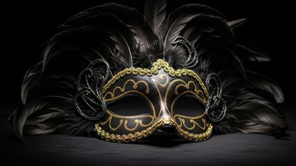 Elegant black and gold Venetian mask with feathers on dark background