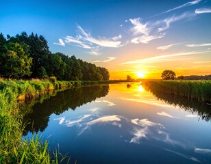 Serene Sunset Reflection - A Tranquil River Scene with Lush Greenery and Vibrant Sky.