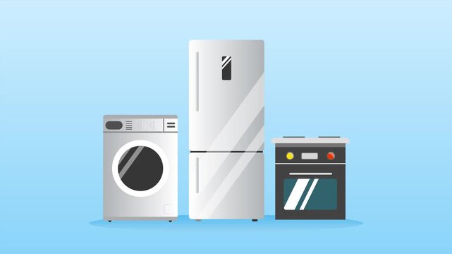 home appliances refrigerator washing machine stove. Home Appliance concept. Full length animation illustration. High quality&nbsp;4k&nbsp;footage