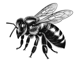 Black and white illustration of a honeybee in flight, detailed linework emphasizing its body and wings. Focus on anatomy