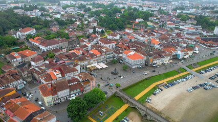 Aerial panorama view of the downtown in the city Pte-do-Lima in portugal on a cloudy spring noon. 