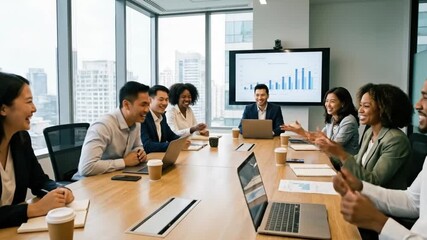 A dynamic and diverse group of business professionals engages in an energetic discussion during a modern corporate meeting. Seated around a sleek conference table equipped with laptops and coffee cups - Powered by Adobe