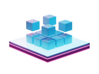 Abstract 3d rendering of glowing blue cubes on a futuristic neon-lit platform, isolated on transparent background
