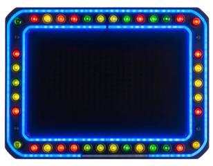 A neon-lit rectangular frame with multi-colored lights around black void