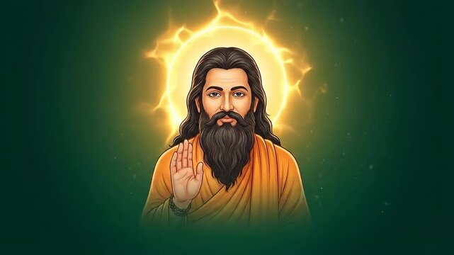 A serene digital portrait of guru ravidas in saffron robes giving a blessing, illuminated by a golden halo on a spiritual green background.