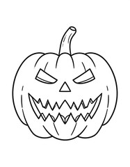 Black and white illustration of a jack-o'-lantern with carved eyes, nose, and jagged, toothy grin. The stem points upward