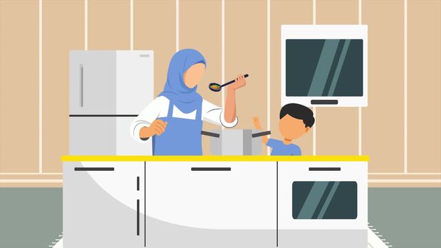 mother cooks for child. Real life story telling concept. Full length animation illustration. High quality&nbsp;4k&nbsp;footage
