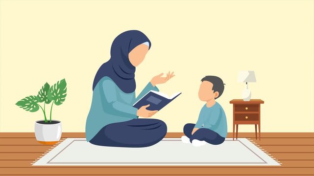 mother tells stories with books. Real life story telling concept. Full length animation illustration. High quality&nbsp;4k&nbsp;footage