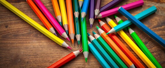 Vibrant colored pencils scattered on a wooden table, showcasing creative potential,  sketching,  office supplies