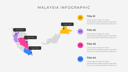 Malaysia map infographic template with 4 options. Malaysia administrative map infographic for presentation.