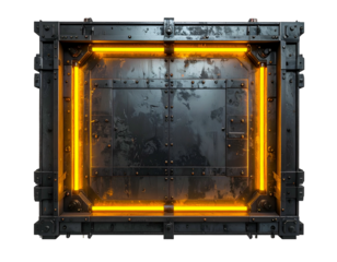 Futuristic metal container with internal orange neon lighting, dark