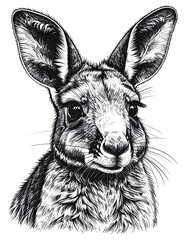 Black and white illustration of a kangaroo's head, showing detailed fur and facial features, including large ears and dark, expressive eyes