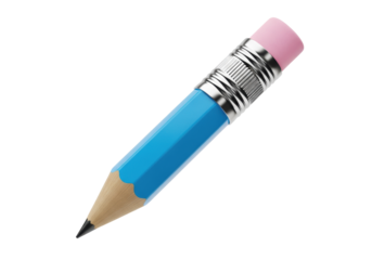 A photorealistic 3d rendering of a floating bright blue hexagonal pencil with a bubblegum pink eraser and reflective silver ferrule, isolated on a seamless brilliant white background, concept for