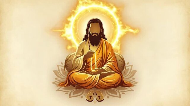A peaceful digital illustration of guru ravidas meditating with a golden sunburst halo, commemorating guru ravidas jayanti.