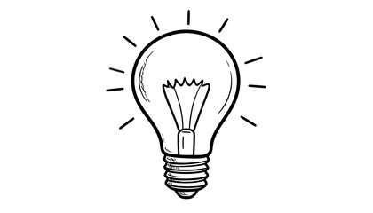 Black and white illustration of a light bulb with rays of light emanating. Hand-drawn style on a white background