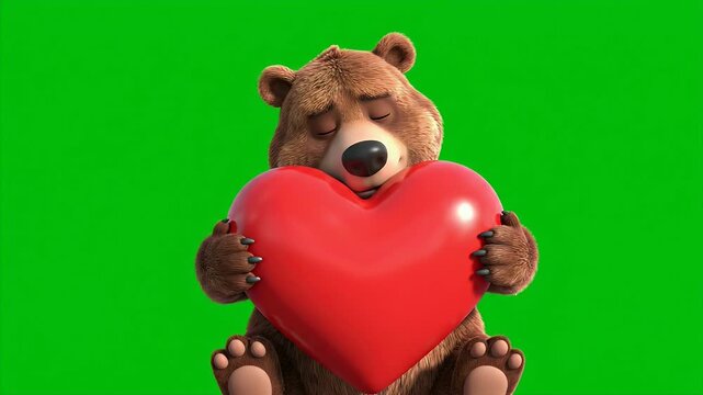 Cartoon Bear Holding Heart on Green Screen - A cartoon bear with closed eyes is sitting and hugging a large red heart against a green screen background.