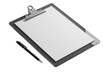 high-quality 3d render of a dark charcoal acrylic clipboard with a metallic chrome clip and blank a4 paper, isolated on a transparent background with soft shadows. concept for modern presentation