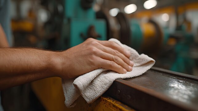 Man s hand cleaning a metal surface with a cloth in an industrial setting