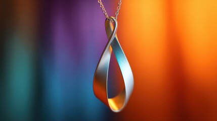 Elegant Silver Pendant with Flowing Curves and Colorful Background