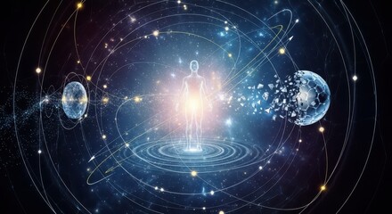 Fototapeta premium Luminous human silhouette stands central within a complex structure of orbiting celestial bodies and energy fields