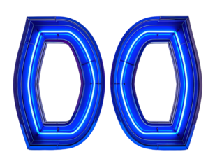 Two neon blue illuminated letter forms against a black backdrop