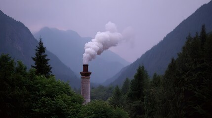 Industrial chimney billowing smoke against a hazy mountain landscape