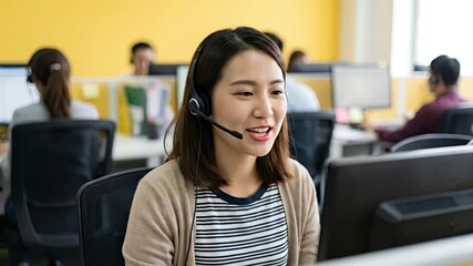 A focused young woman wearing a professional headset with a microphone engages in active communication, speaking while looking intently at a computer screen in a bustling, modern office environment. S