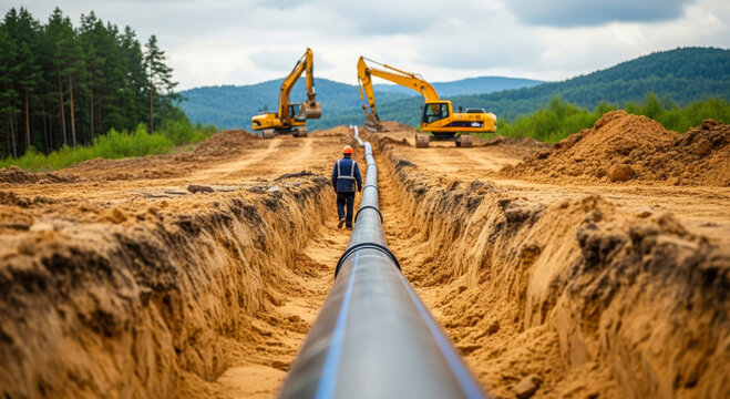 Construction of natural gas pipeline in trench. Black pipe laying underground, excavation machinery. Heavy equipment. Petrochemical industry, oil, gas, fuel transportation
