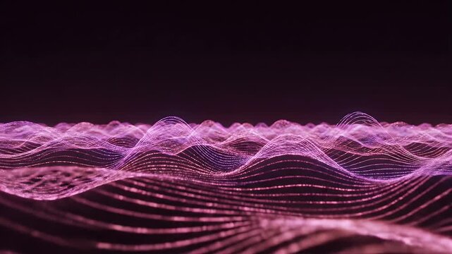 Abstract Pink Data Waves - A close-up shot shows wavy, parallel lines of pink light in an abstract, textured pattern. The light lines appear to undulate like gentle waves against a dark background.
