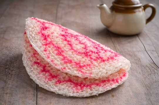 Festive Sri Lankan Asmi Sweet with Pink Sugar Syrup on Rustic Wooden Table