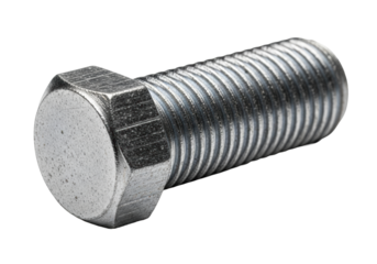 extreme macro photograph of a rugged industrial steel bolt with precise external threading and hexagonal head, isolated on a transparent background, cinematic lighting. concept of industrial hardware