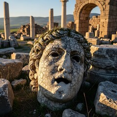 Ancient stone head sculpture rests amidst crumbling historical architectural remains under bright sunlight