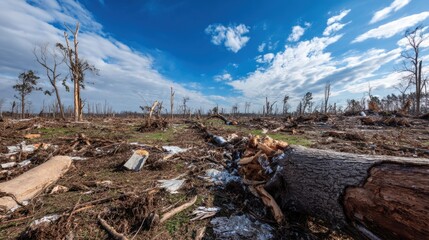 Devastated Landscape After Severe Storm with Fallen Trees and Debris