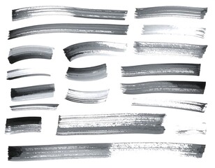Assorted hand-drawn brushstrokes in varying shades of grey, arranged across a plain white background. They convey texture and movement