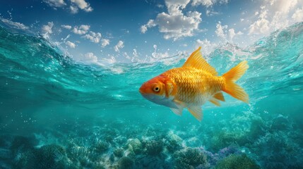 Vibrant Goldfish Swimming in Clear Blue Ocean Water