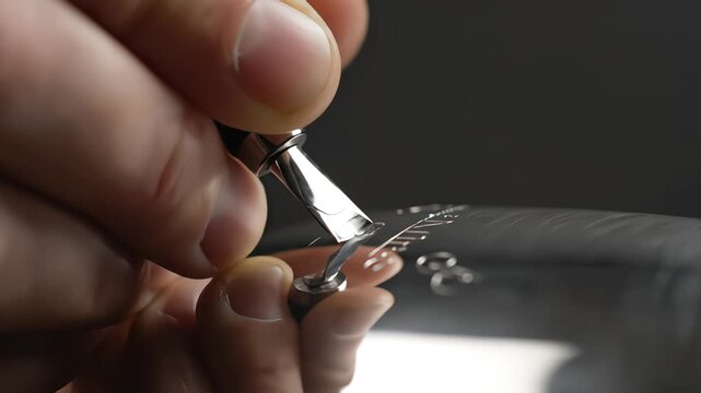 A macro view of a craftsman's hands using a sharp graver to meticulously carve an intricate design on a dark curved surface, creating fine metal shavings