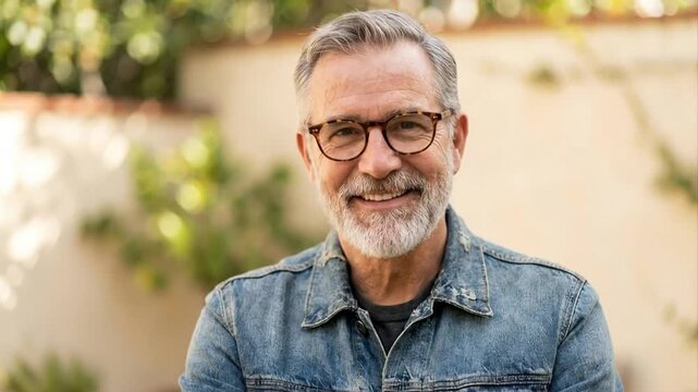 A genuine and warm close-up portrait captures a mature adult male with grey hair and a full beard, wearing stylish tortoiseshell glasses and a casual denim jacket. He smiles broadly and authentically 
