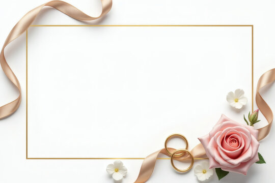 Elegant wedding border with gold rings and blush rose arrangement