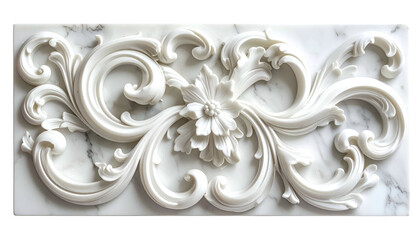Detailed white marble relief carving with floral and scrollwork design