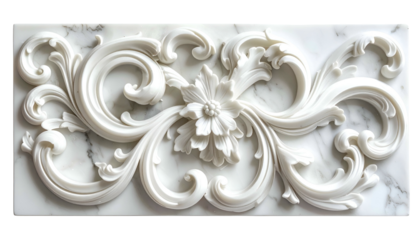 Detailed white marble relief carving with floral and scrollwork design