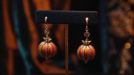 Elegant Red Earrings with Pumpkin Shape and Gold Accents Displayed